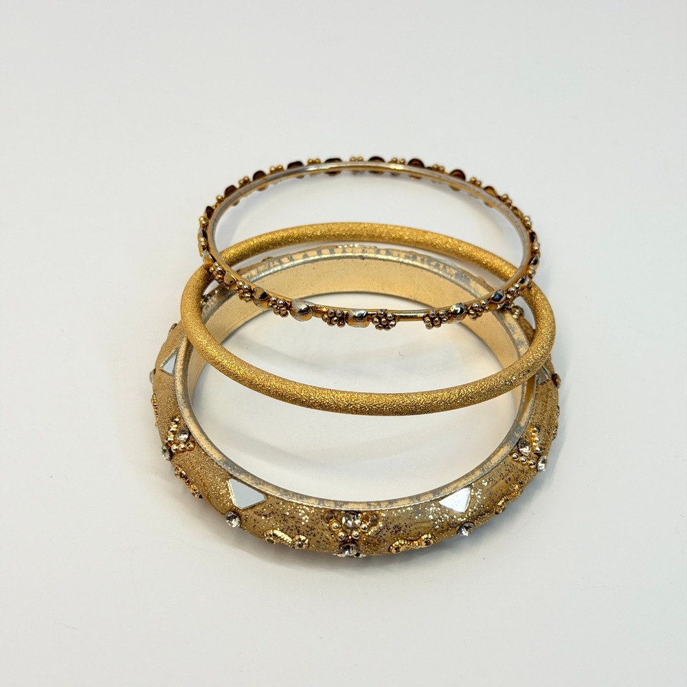 Luxe Gold Boho Bangles Rhinestone Glitter Textured Stackable Bracelets 3pc Set - Picture 8 of 9
